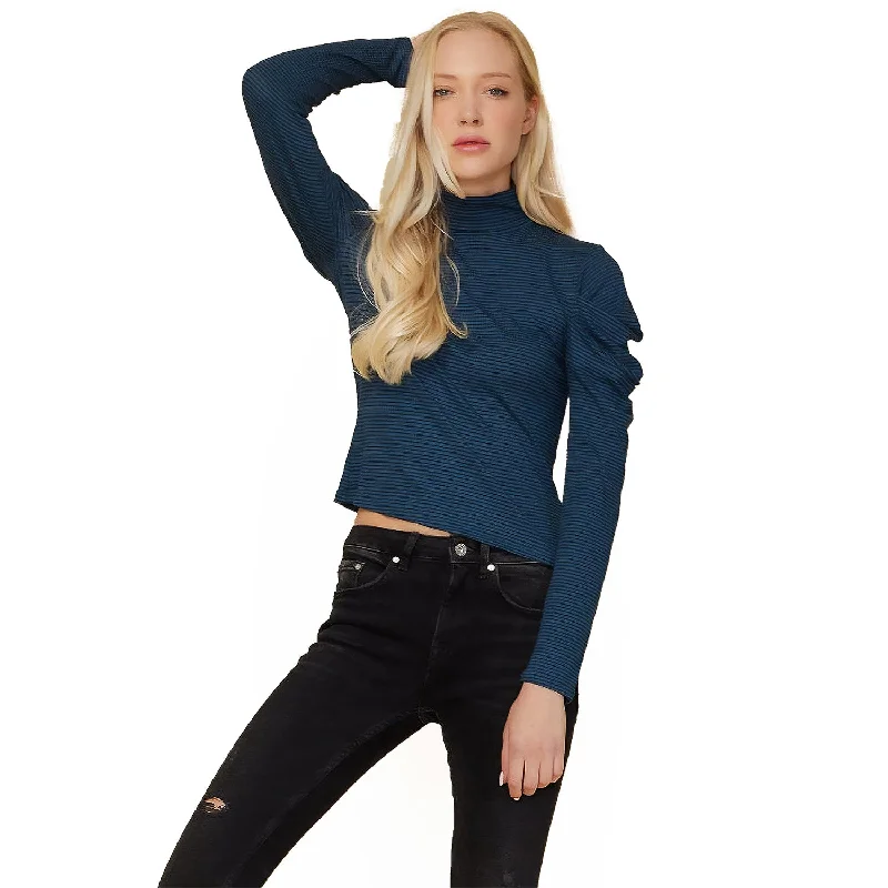 Additional Time-Limited Offers Turtle Neck Puff Sleeve Stripe Knit Top In Teal