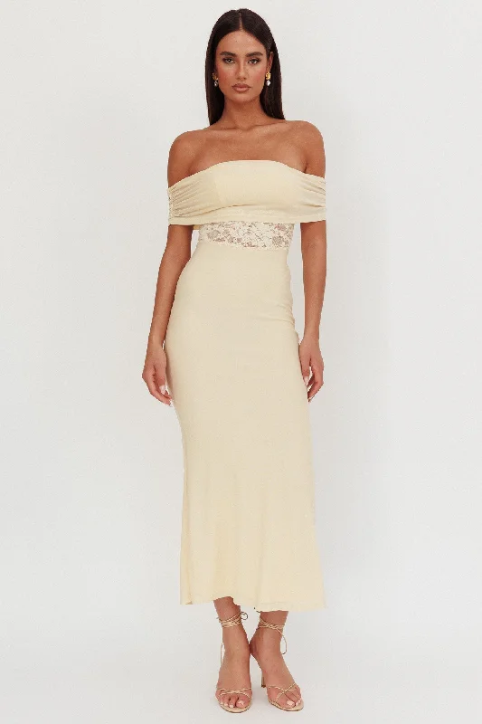 Trendy Street Style Flutters Off-Shoulder Lace Insert Maxi Dress Cream