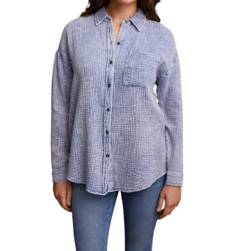 Women's Fashion Clothing Waffle Button Down Shirt In Blue Jay