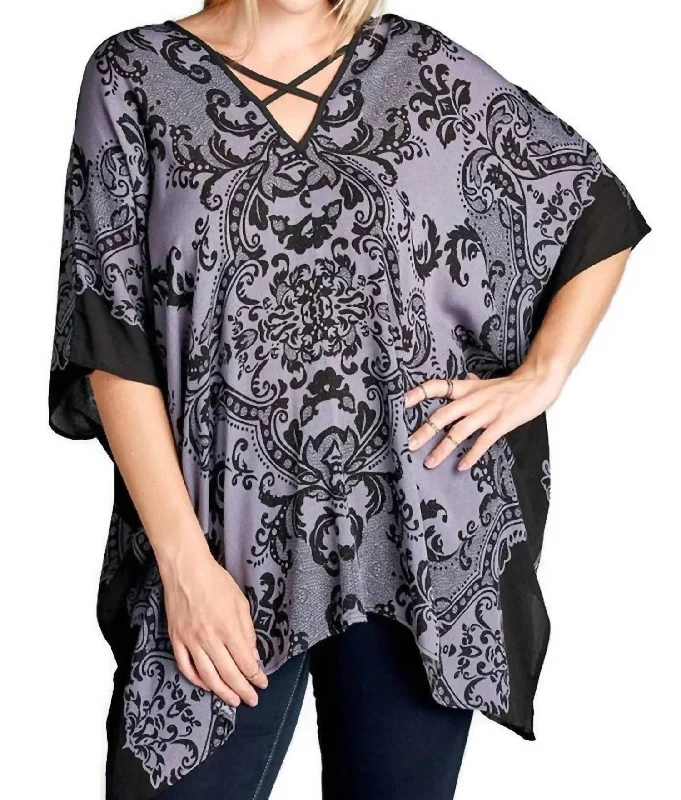 Women's Fashion Essentials Damask Bohemian Tunic Top In Black/purple