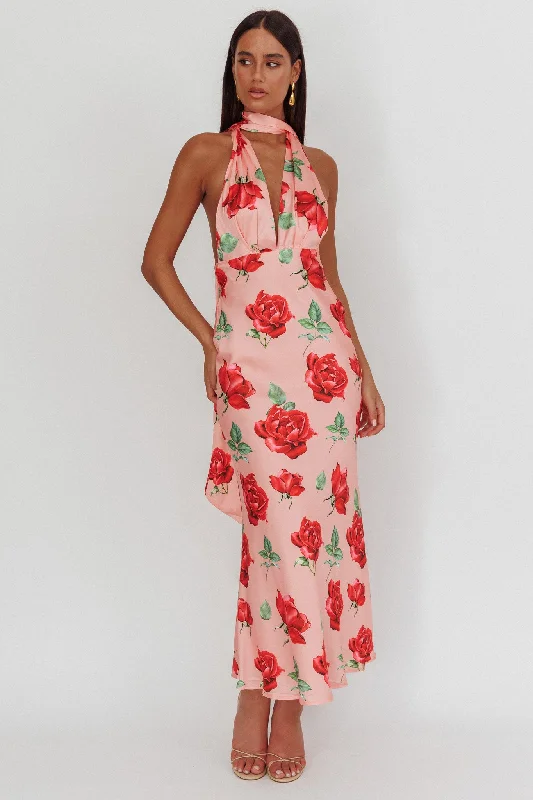 Vibrant Femme Fashion Italia Azure Halterneck Maxi Dress Rose