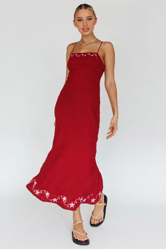 Holiday Glam Star Garden Embroidered Midi Dress Wine