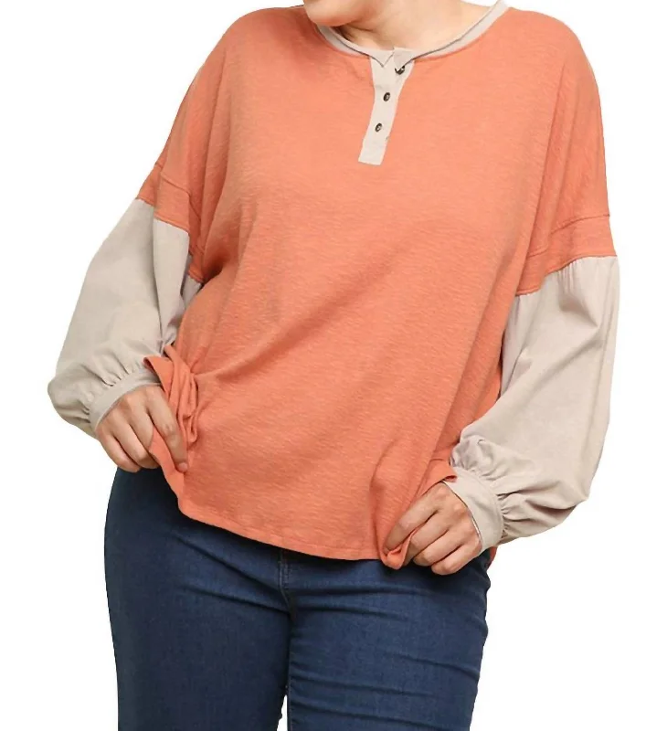 Casual Women's Clothing Online Henley Color Block Top In Terracotta