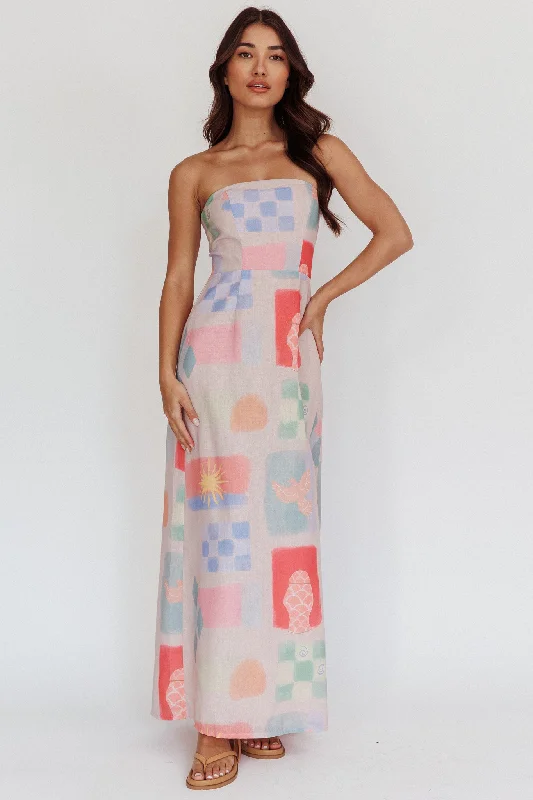 Unleash Your Fashion Eastern Sun Strapless Abstract Print Maxi Dress Multi