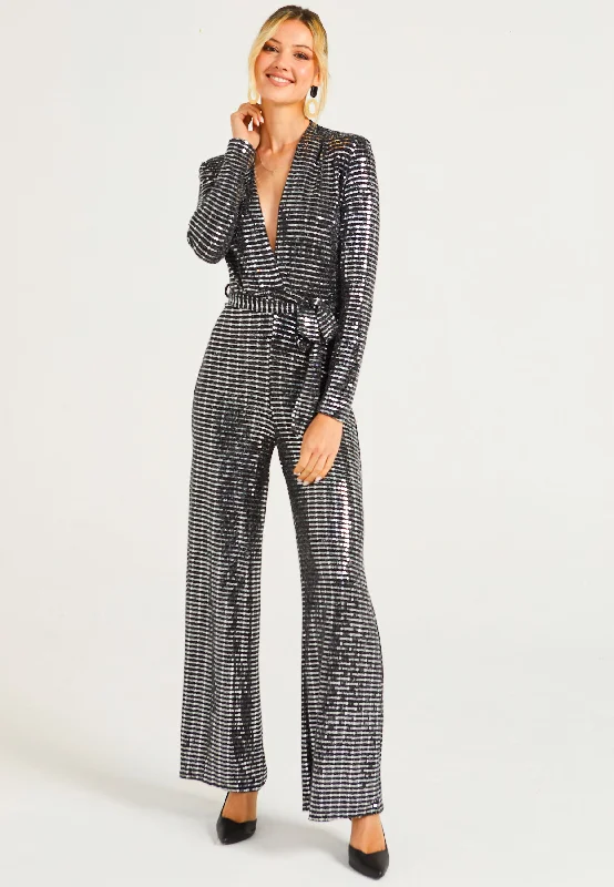 Effortless Chic for Women Sequin Plunge Neck Faux Wrap Jumpsuit in Silver