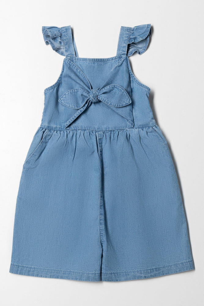 Best Online Boutiques Bow Denim Short Jumpsuit Blue