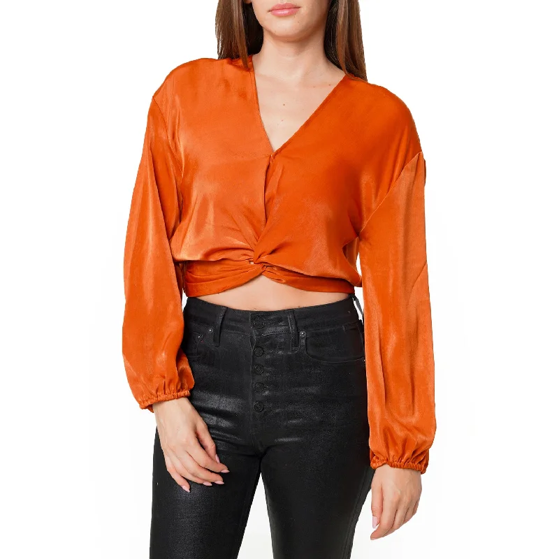 Trendy Aesthetics Women's Twist Front Cropped Washed Satin Top