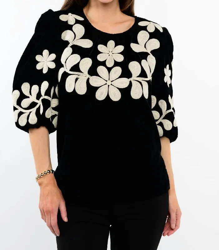 Women's Clothing Boutique Velvet Embroidered Top In Black