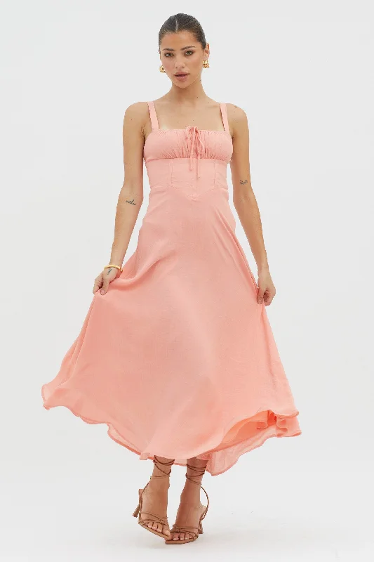 Trendy Urban Attire Sweet Pea Tied Bust A-Line Midi Dress Peach