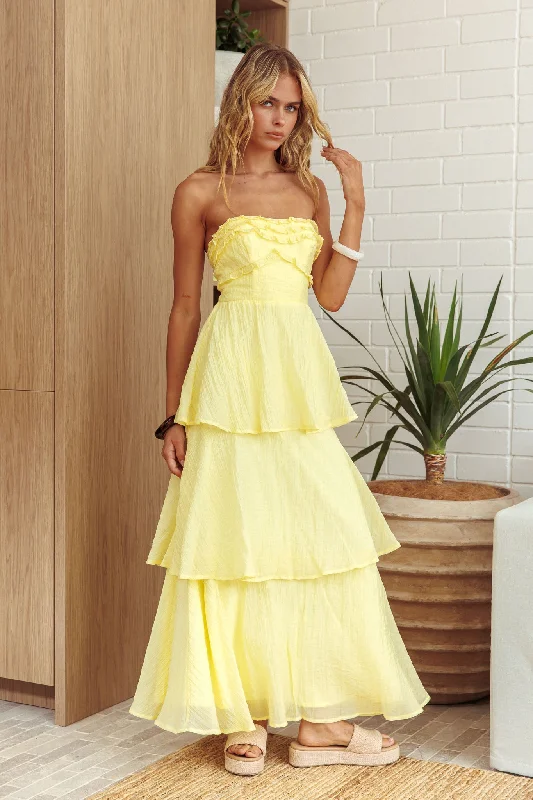 High End Fashion Top It Off Strapless Frill Trim Maxi Dress Butter