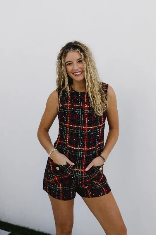 Don't Miss Out Nori Plaid Romper - Red/Navy