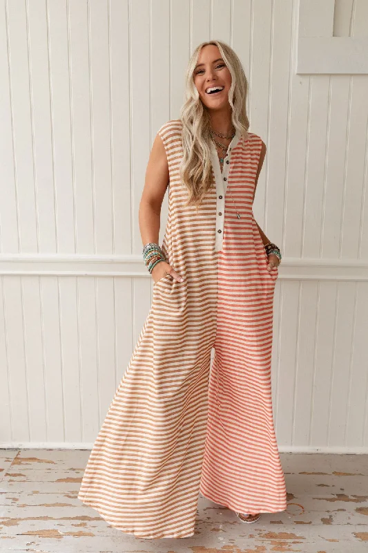 Limited Time Offer Daphne Striped Wide Leg Jumpsuit - Coral Multi