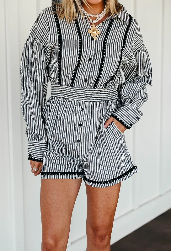 Discover Now So Many Stripes Romper - Black Stripe