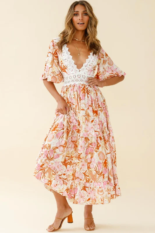 Boutique Styles Indio Crochet Insert Deep V-Neckline Angel Sleeve Maxi Dress Floral Print Pink