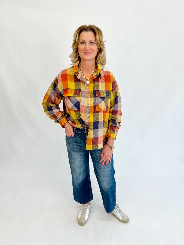 Women's Formal Wear Howdy Do Plaid Washed Shirt - Pumpkin Navy