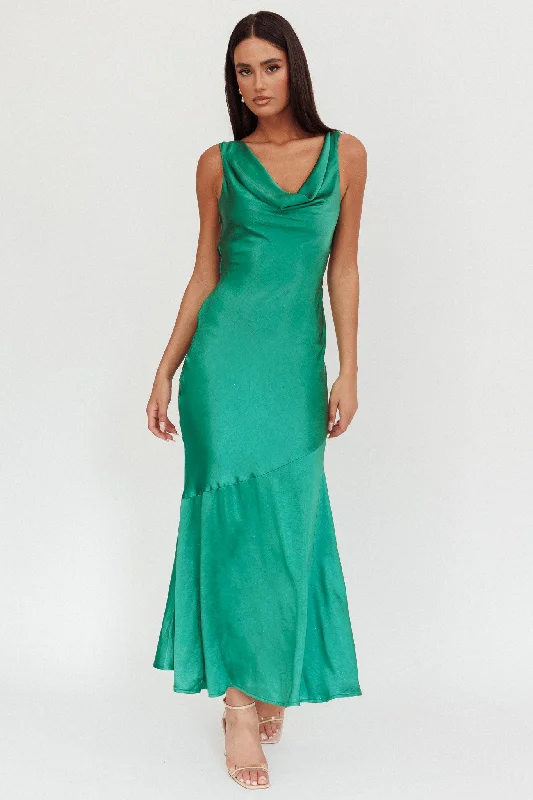 Evening Elegance Cecilia Cowl Neck Drape Back Maxi Dress Emerald