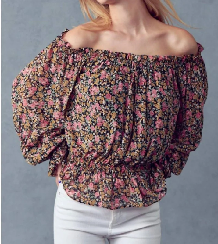 Luxury Women's Clothing Off The Shoulder Floral Top In Black