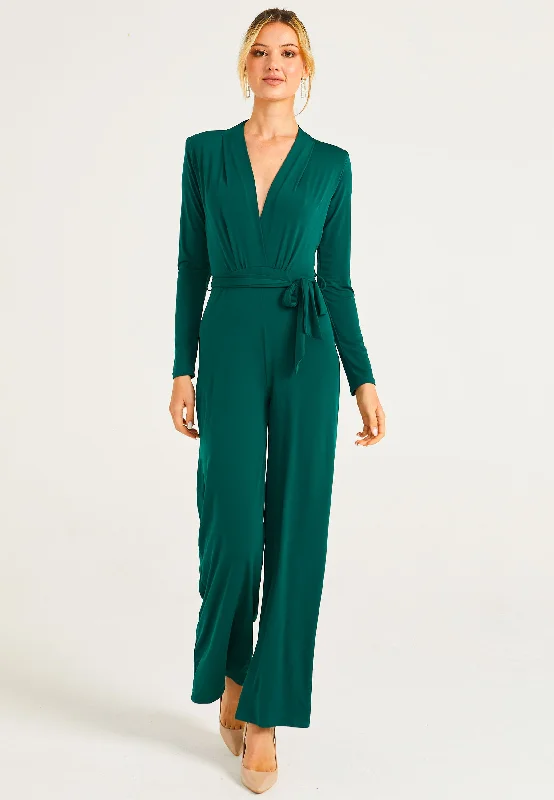 Trendy Women's Dresses Online Plunge Neck Wide Leg Jumpsuit With Long Sleeves in Green