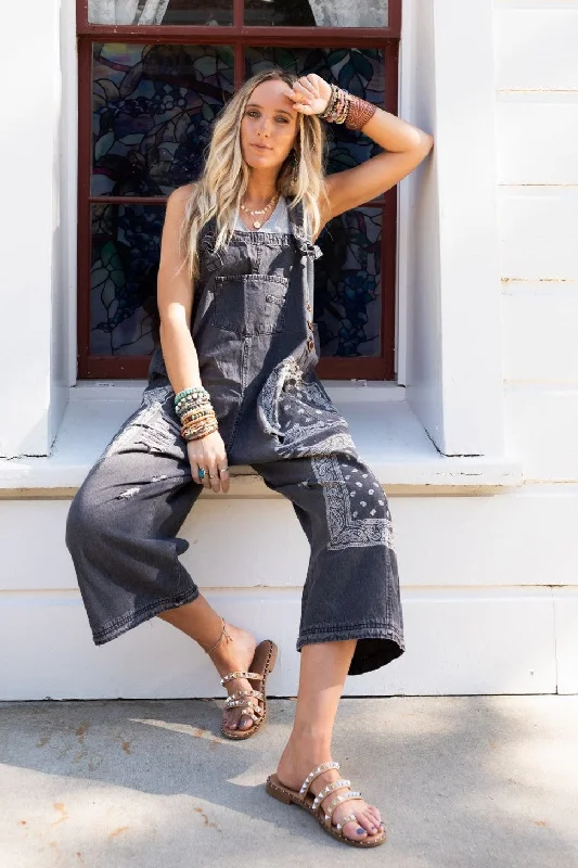 Chic Women's Clothing Online High Hopes Slouchy Denim Overalls - Black Bandana