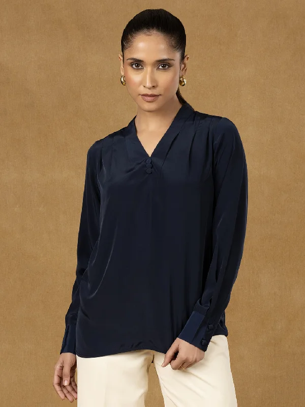 Elegant Style Navy Blue V Neckline Pleated Top