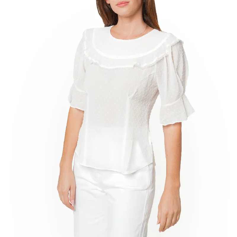 New Styles Just In Women's Swiss Dot Ruffle Sleeve Top in White