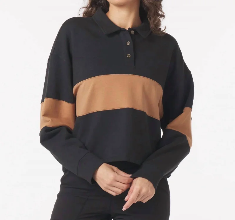 Relaxed Fit Women's Fashion Lounge Skimmer Polo Shirt In Black/almond