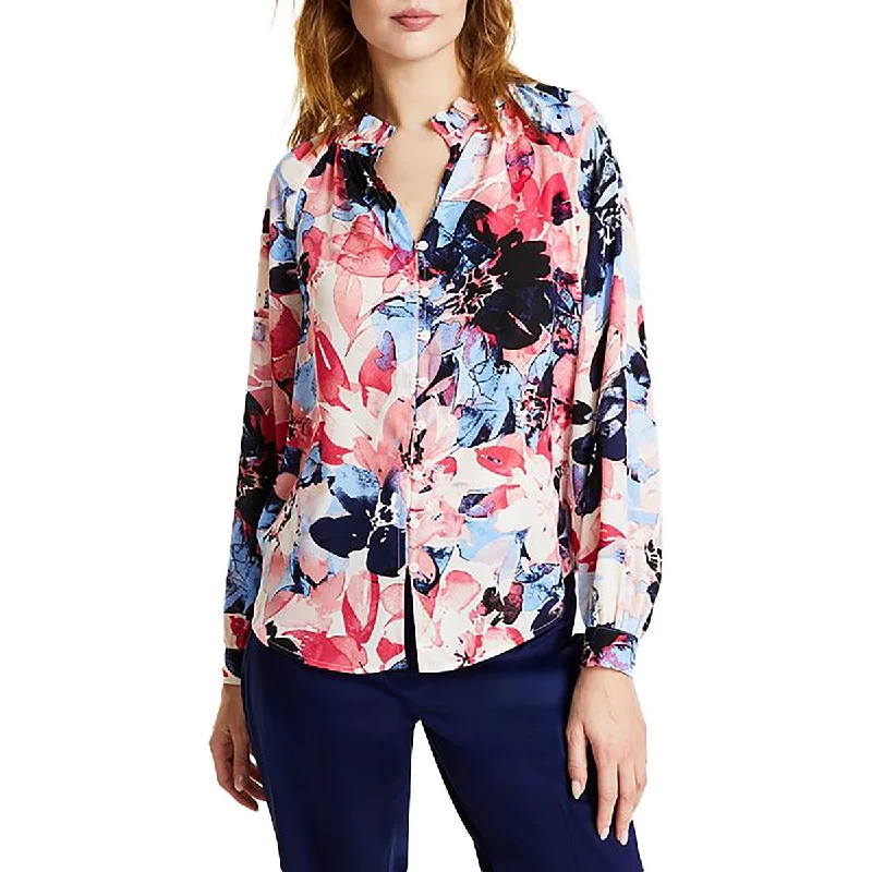 Crazy Discounts, Hurry Up Womens Ruffled Long Sleeves Button-Down Top