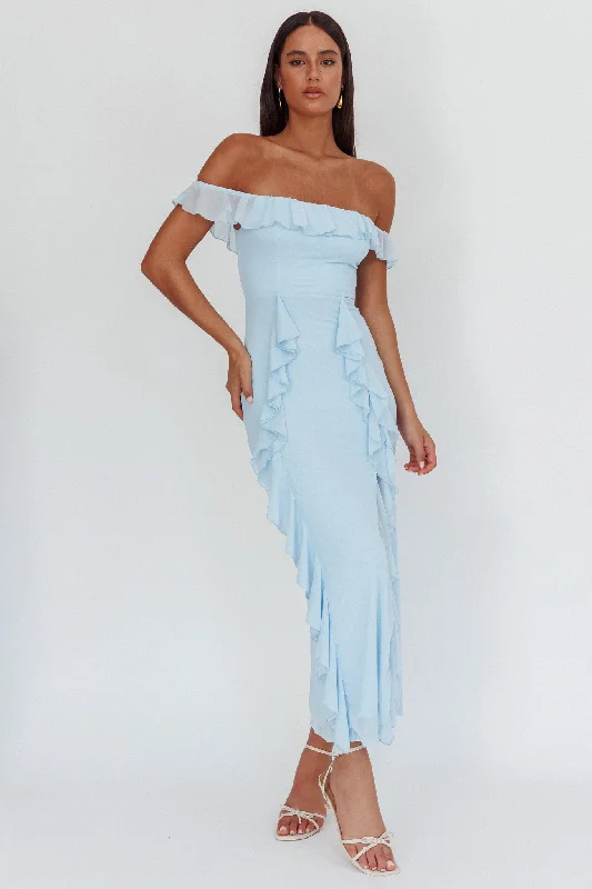 Earthy Tones Flamenco Off-Shoulder Ruffle Maxi Dress Blue