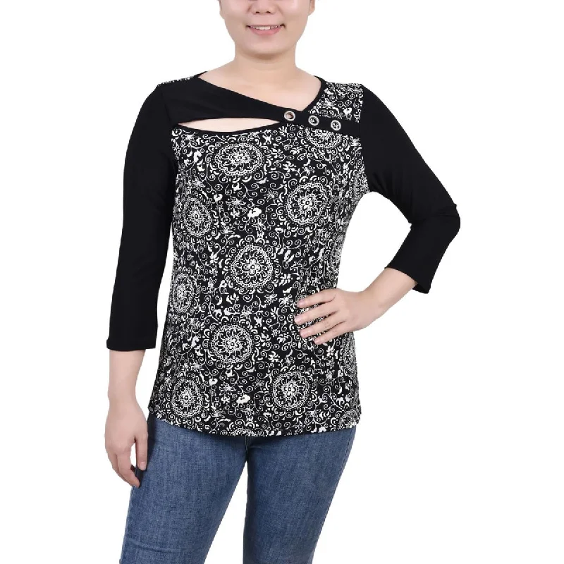 Evening Elegance Womens Floral Print Grommet Pullover Top