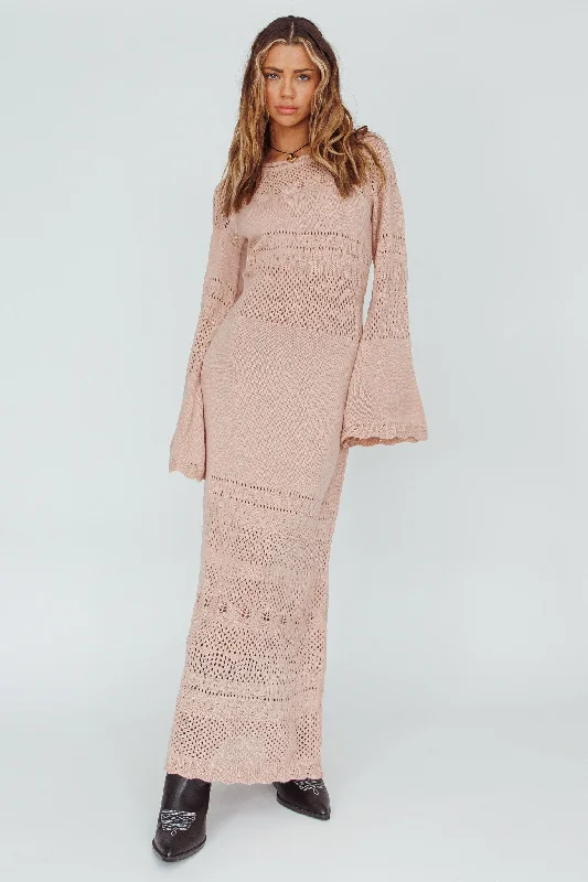 Online Boutiques Affordable Gail Long Sleeve Crochet Maxi Dress Blush