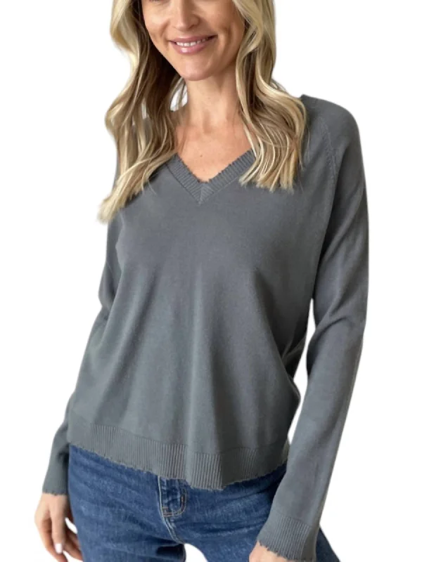 Online Boutiques Andrea Distressed V-Neck Top In Slate