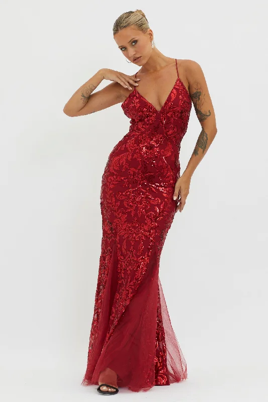 Chic Style Serenade Song Godet Hem Sequin Maxi Dress Red