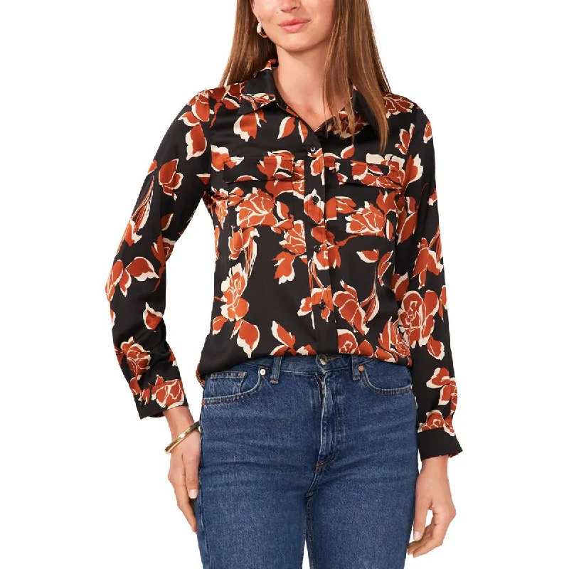 Fashion Sale Womens Floral Print Hi Low Button-Down Top