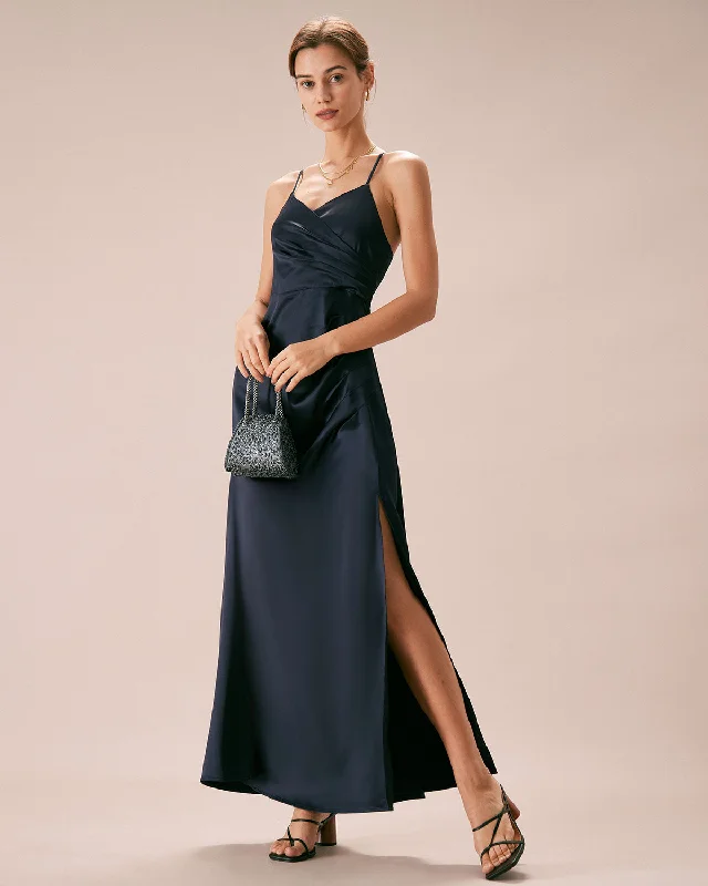 Street Style Fashion The Navy V-Neck Ruched Satin Sling Maxi Dress