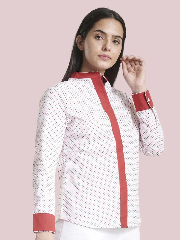 Women's Clothing Stores Mandarin Collar Cotton Shirt - White and Red