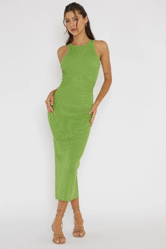 Fashion Forward Charmed Me Ribbed Knit Midi Dress Green