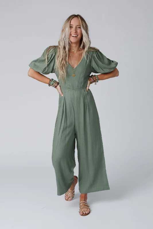 Fashion-forward Women's Clothing Weekender Puff Sleeve Jumpsuit - Olive