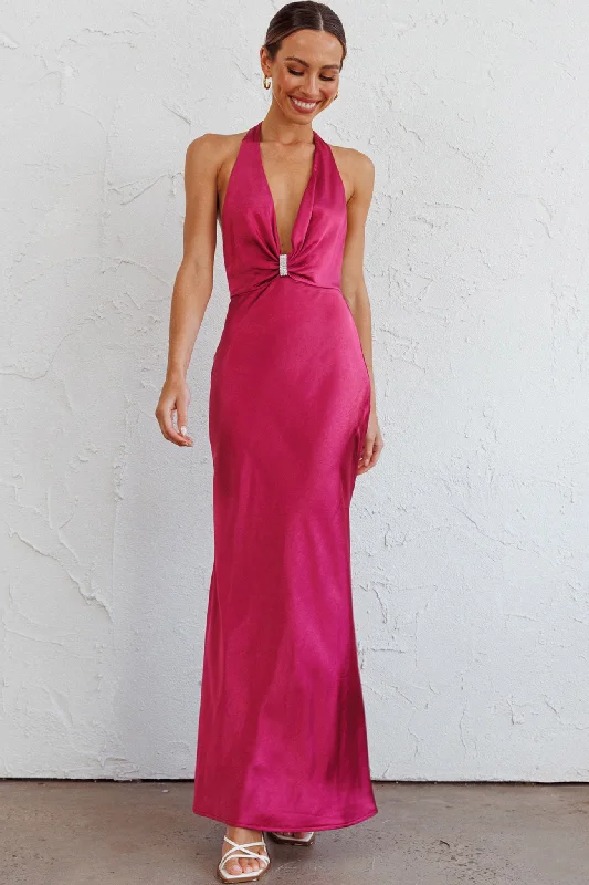 Evening Elegance Oasis Diamante Halterneck Maxi Dress Fuchsia