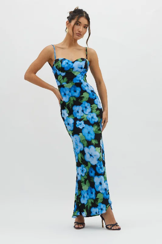 Stylish Savings Kasha Low Back Maxi Dress Floral Blue