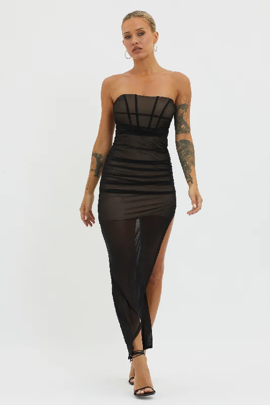 Valentine's Special LA Nights Strapless Sheer Midi Dress Black/Nude