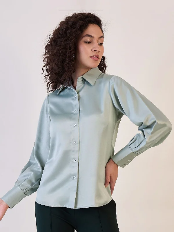 Everyday Wear Sage Green Balloon Sleeve Satin Shirt