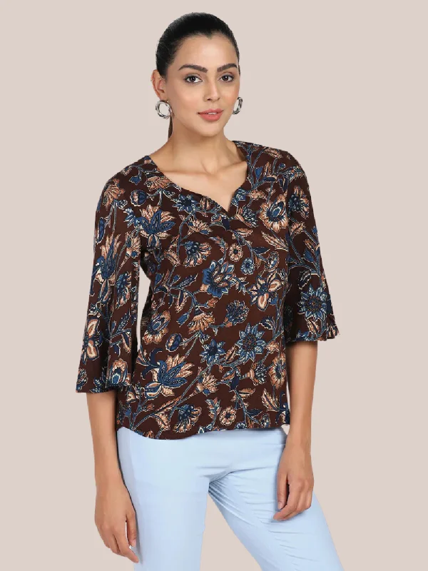 Clothes Woman Floral Cotton Top - Brown & Blue