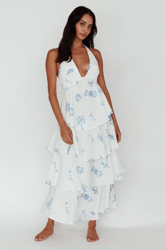 Clearance Sale Online Catalina Tiered Ruffle Maxi Dress White Blue