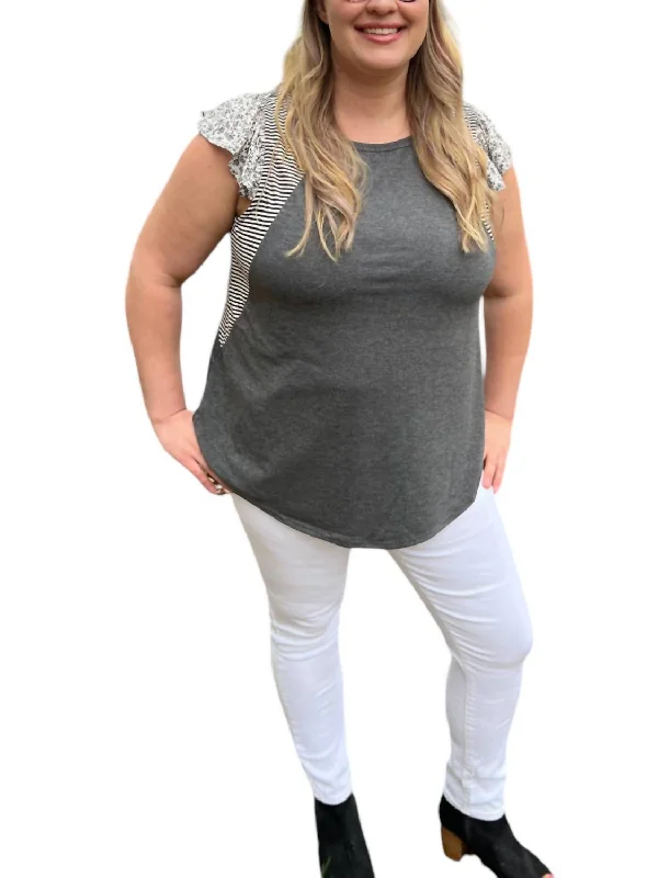 Comfortable Women's Outfits Plus Floral Flutter Sleeve Top In Charcoal Grey