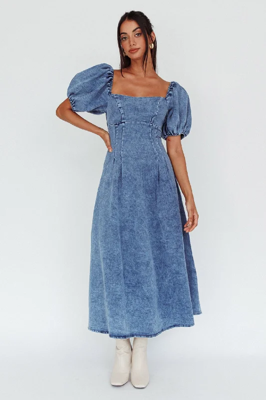 Special Offer Zurich Puff Sleeve Midi Dress Blue