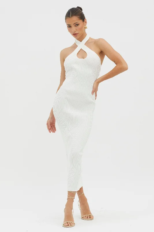 Versatile Wardrobe Essentials Lovelock Halterneck Ribbed Knit Midi Dress White