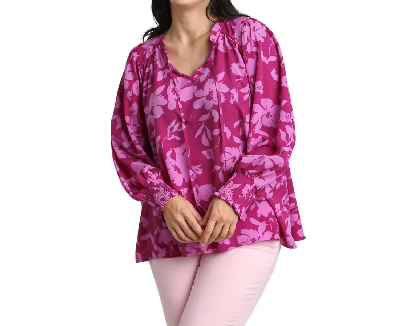 High-End Women's Apparel Plus Floral Tie Front Peasant Top In Berry Mix