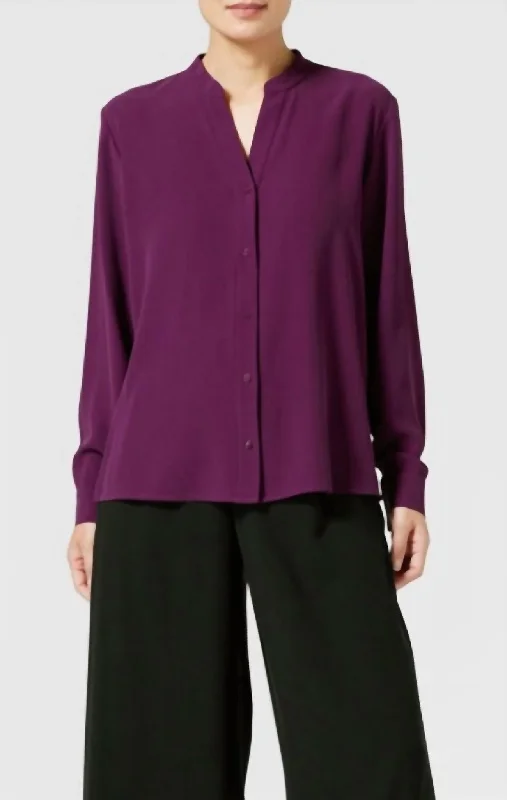 Casual Fashion Mandarin Collar Silk Shirt In Sweet Plum