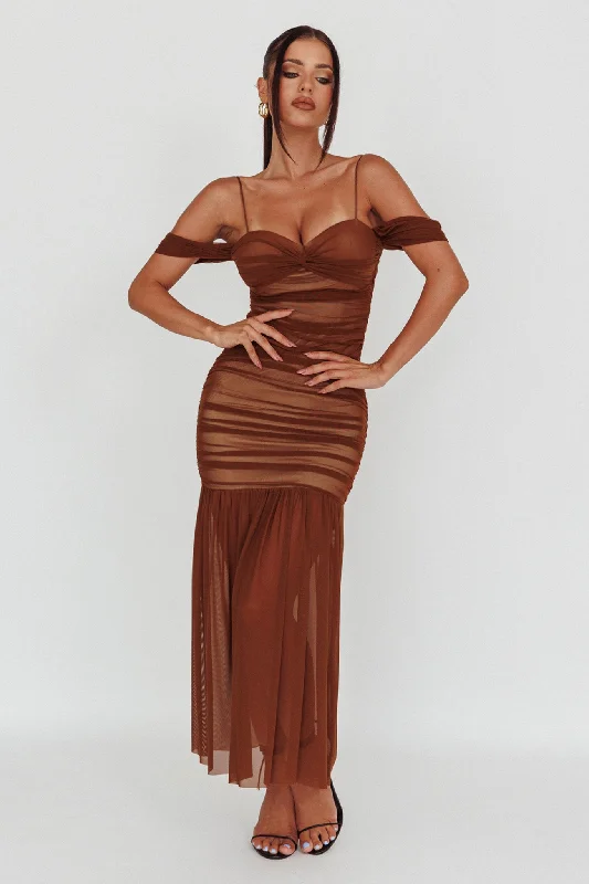 Women's Fashion Clothing La Salle Ruched Mesh Maxi Dress Chocolate