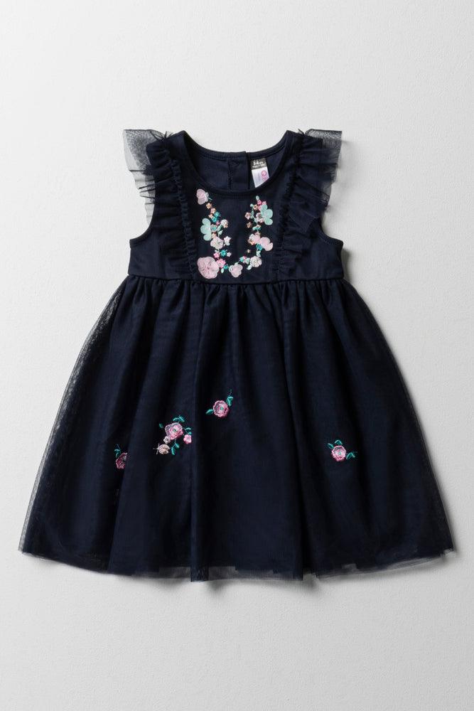 Street Style Fashion Embroidered Mesh Frill Dress Dark Navy